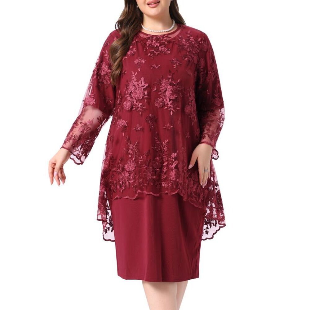 Women Plus Size Lace 2 Piece Cocktail Dresses Burgundy